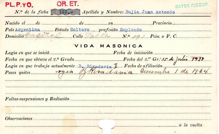 Ficha de miembro de Juan Antonio Bujia.