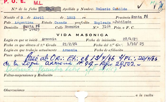 Ficha de miembro de Casildo Bulacio.