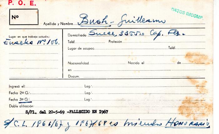 Ficha de miembro de Guillermo Bush.