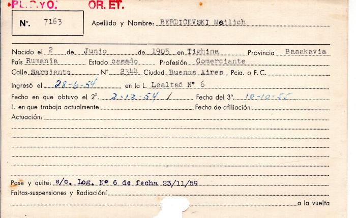 Ficha de miembro de Meilich Berdicevki.