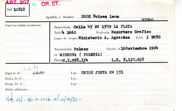 Ficha de miembro de Moisés León Brok.