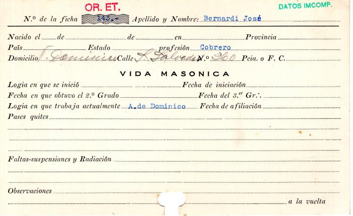 Ficha de miembro de José Bernardi.