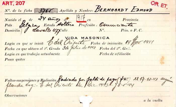 Ficha de miembro de Edmond Bernhardt.