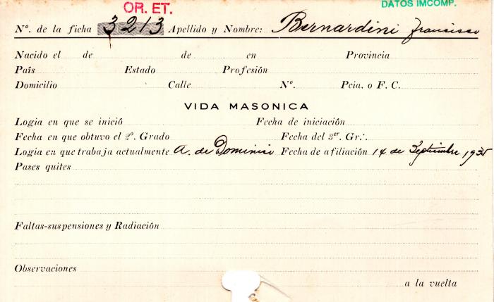 Ficha de miembro de Francisco Bernardini.