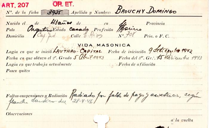 Ficha de miembro de Domingo Brouchy.