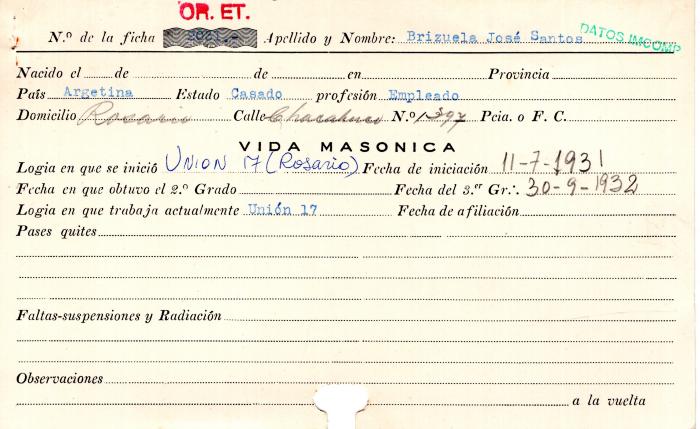 Ficha de miembro de José Santos Brizuela.