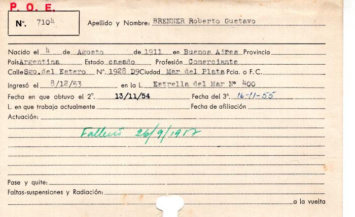 Ficha de miembro de Roberto Gustavo Brenner.