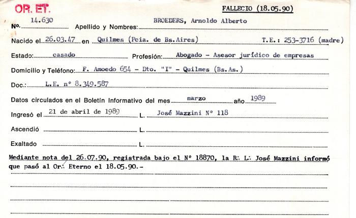 Ficha de miembro de Arnoldo Alberto Broeders.