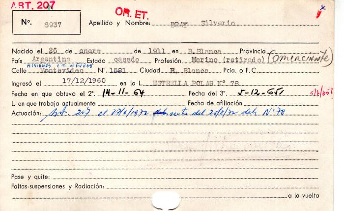 Ficha de miembro de Silverio Bray.