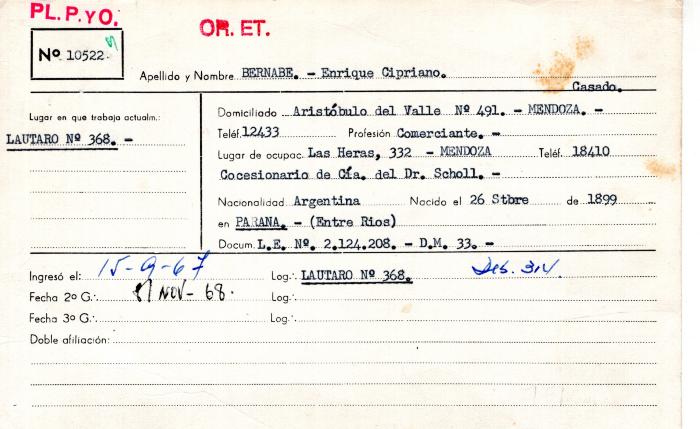 Ficha de miembro de Enrique Cipriano Bernabe.