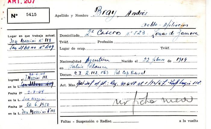 Ficha de miembro de Andrés Bray.