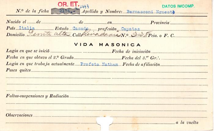 Ficha de miembro de Ernesto Bernasconi.