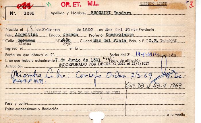 Ficha de miembro de Teodoro Bronzini.