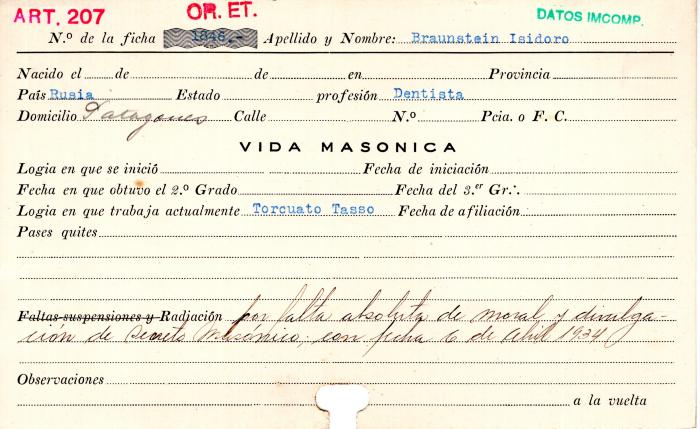 Ficha de miembro de Isidoro Braunstein.
