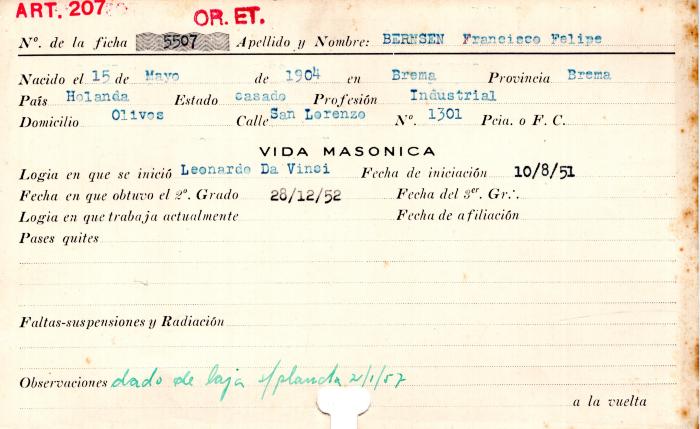 Ficha de miembro de Francisco Felipe Bernsen.