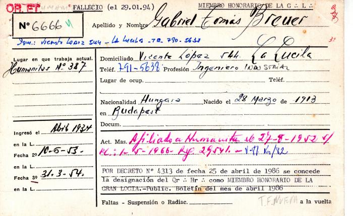 Ficha de miembro de Gabriel Tomás Breuer.