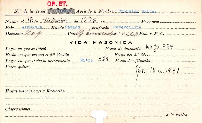 Ficha de miembro de Walter Brauning.