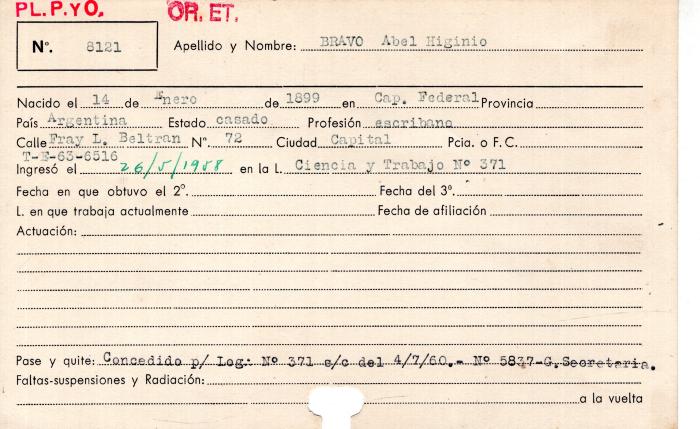 Ficha de miembro de Abel Higinio Bravo.