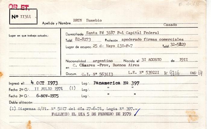 Ficha de miembro de Eusebio Brun.