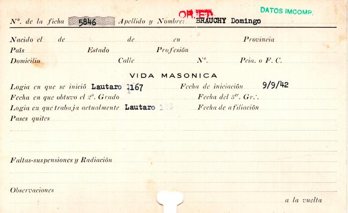 Ficha de miembro de Domingo Brauchy.