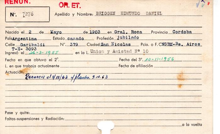 Ficha de miembro de Edmundo Daniel Briggen.