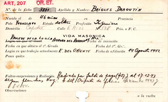 Ficha de miembro de Dragutin Brigles.