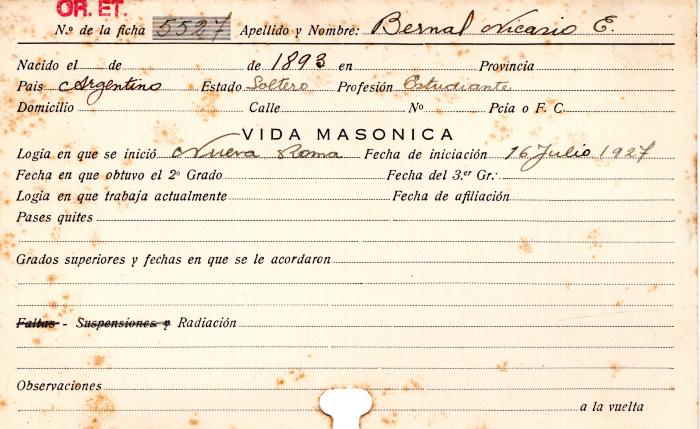 Ficha de miembro de Nicasio E. Bernal.