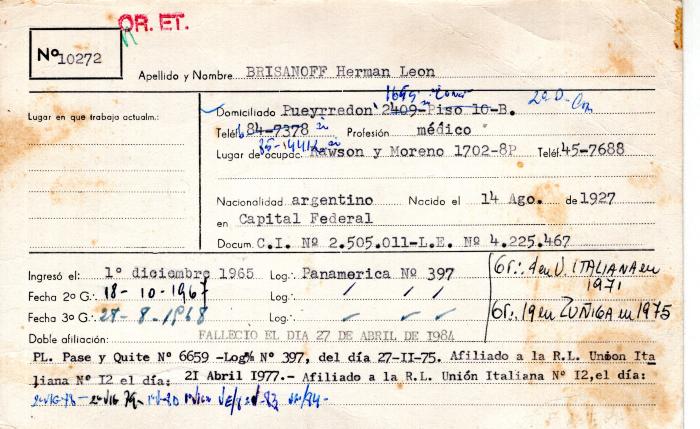 Ficha de miembro de German León Brisanof.
