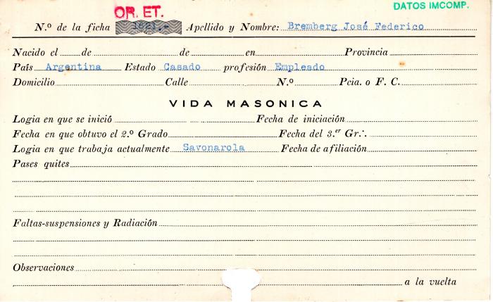 Ficha de miembro de José Federico Bremberg.