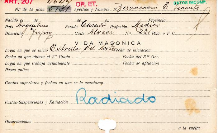 Ficha de miembro de Vicente Bernasconi E.