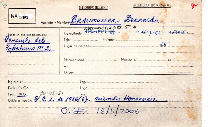 Ficha de miembro de Bernardo Braumuller.