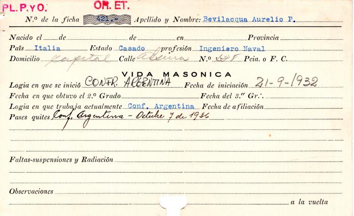 Ficha de miembro de Aurelio P. Bevilacqua.