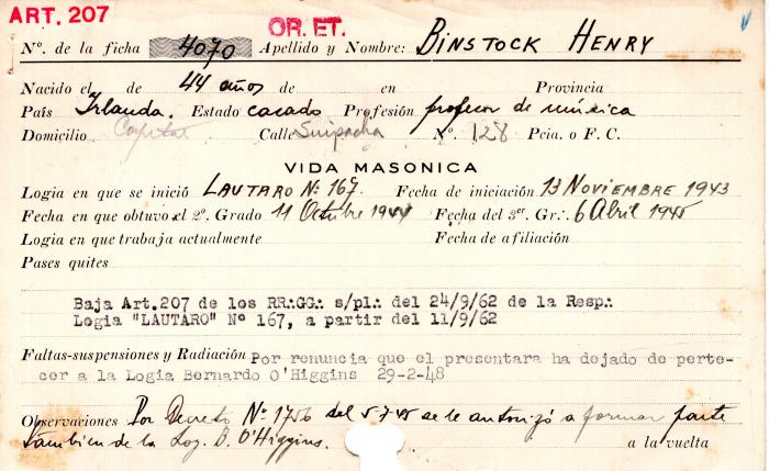 Ficha de miembro de Henry Binstock.