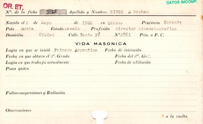 Ficha de miembro de Abraham Biner.