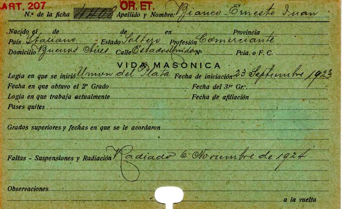 Ficha de miembro de Ernesto Juan Bianco.