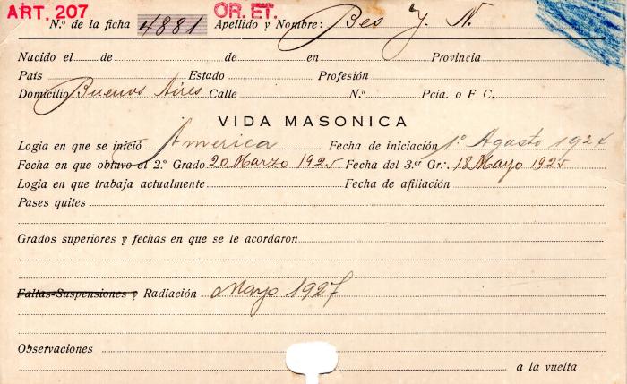 Ficha de miembro de J. N. Bes.