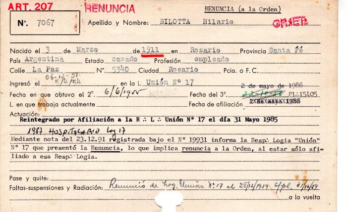 Ficha de miembro de Hilario Bilotta.