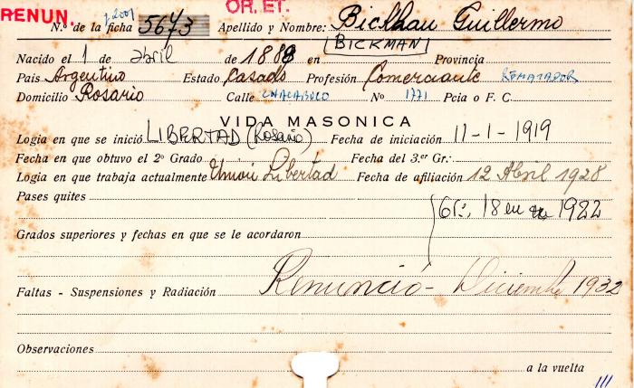 Ficha de miembro de Guillermo Bickman.