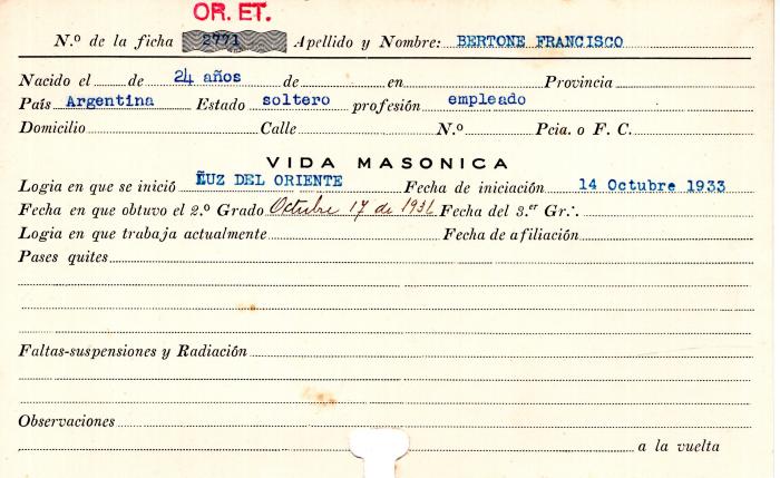Ficha de miembro de Francisco Bertone.