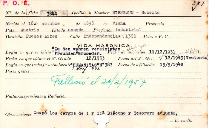 Ficha de miembro de Roberto Birnbaum.