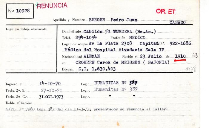 Ficha de miembro de Pedro Juan Berger.