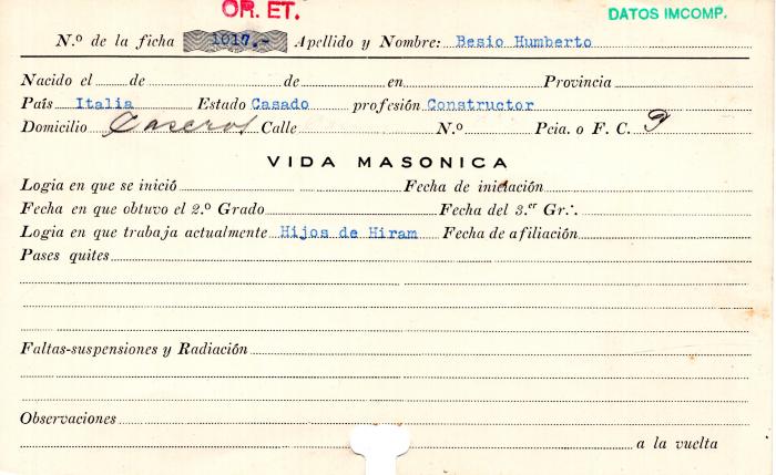 Ficha de miembro de Humberto Besio.