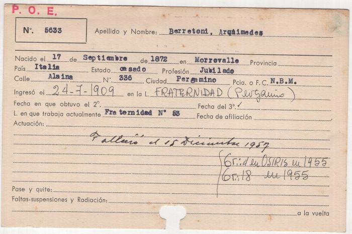 Ficha de miembro de Arquímedes Berretoni.