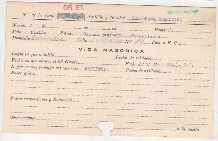 Ficha de miembro de Francisco Berterama.