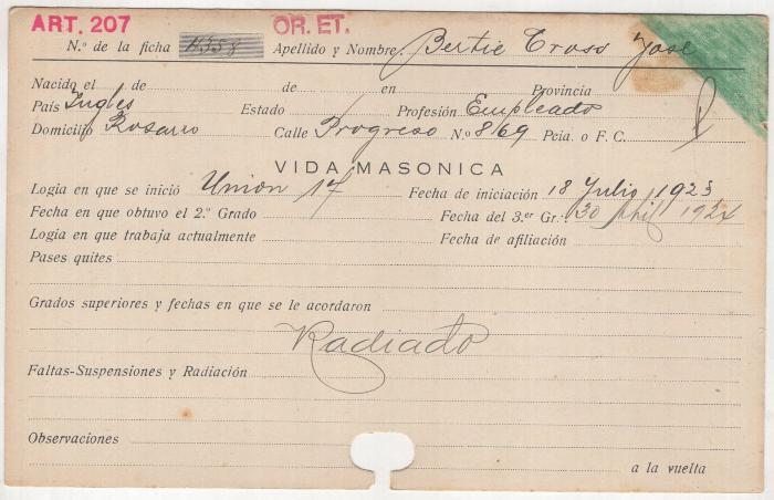 Ficha de miembro de José Bertie Cross.