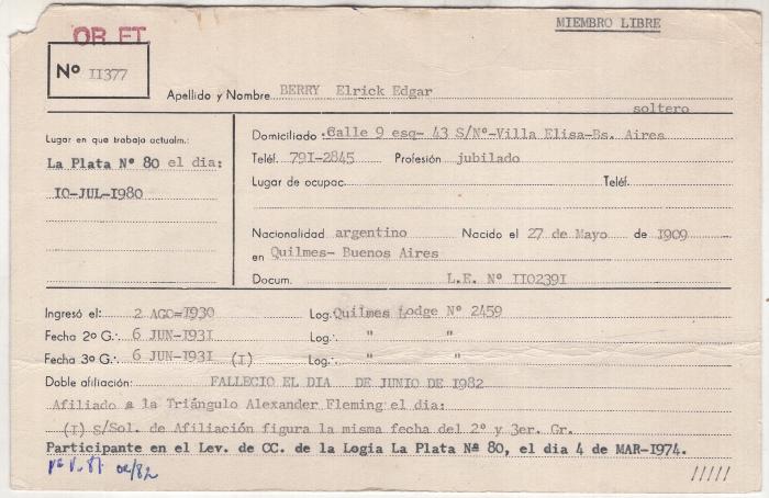 Ficha de miembro de Elrick Edgar Berry.