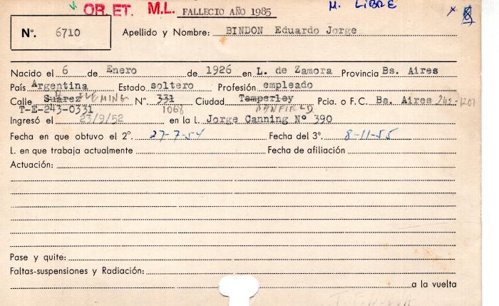 Ficha de miembro de Eduardo Jorge Bindon.