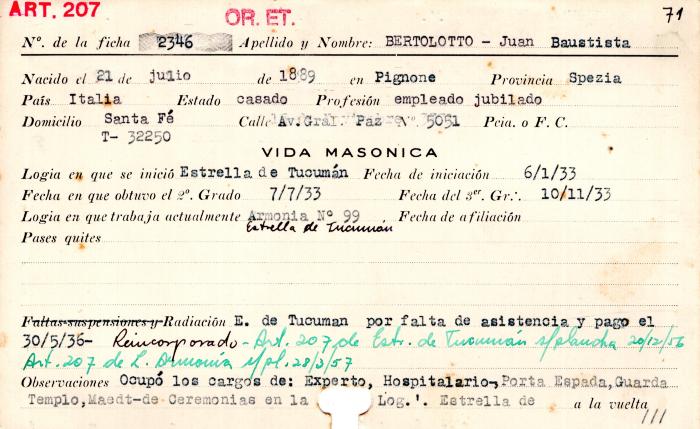 Ficha de miembro de Juan Bautista Bertolotto.
