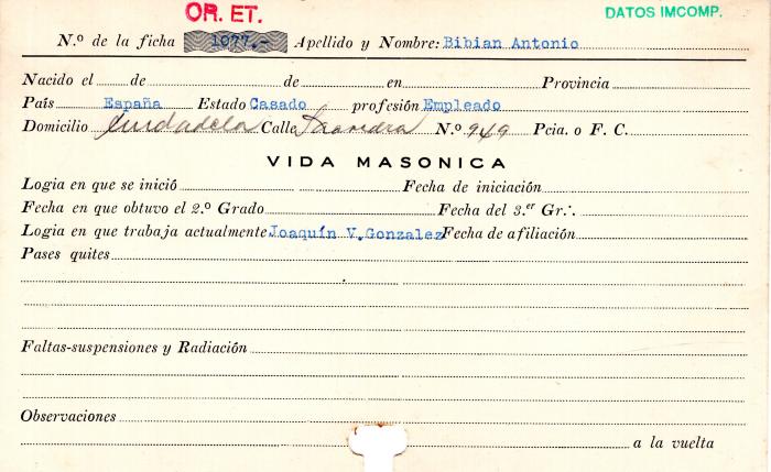 Ficha de miembro de Antonio Bibian.