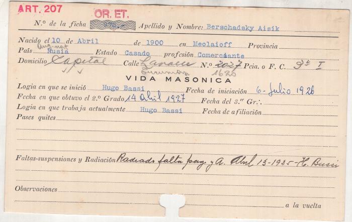 Ficha de miembro de Aisik Berschadsky.